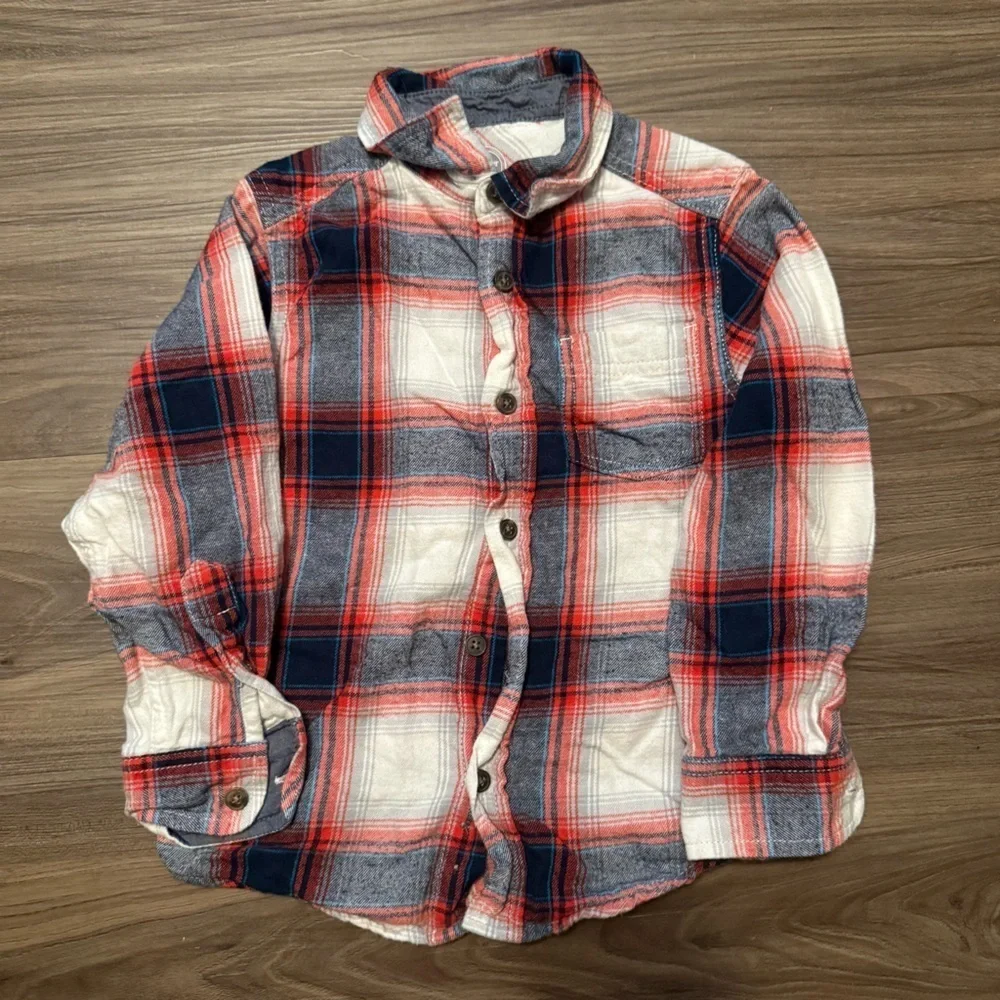 Wonder Nation Boys Warm,Cozy Red and Blue Plaid Button Down Flannel Shirt-XS 4/5